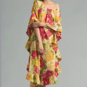 Maeve by Anthropologie Floral Ruffle-Hem Kaftan OS